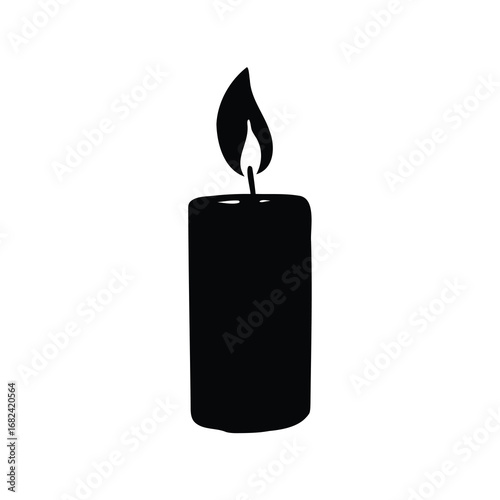 Simple monochromatic design depicting a candle with a lit flame, minimalist art