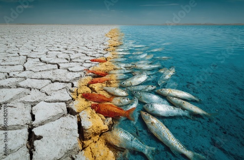 Dying fish stranded on dry lakebed nature's contrast environmental art desert landscape eye-level climate change awareness