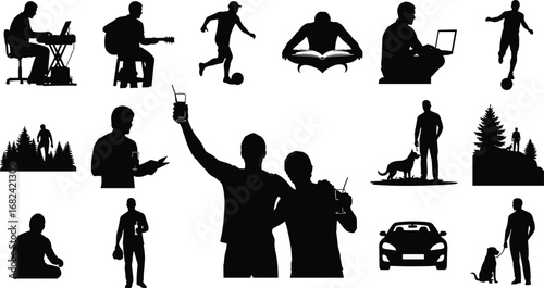 Silhouettes of men reading, playing guitar, football, laptop work, outdoor hiking, dog walking, drinking, car driving, lifestyle vector illustration