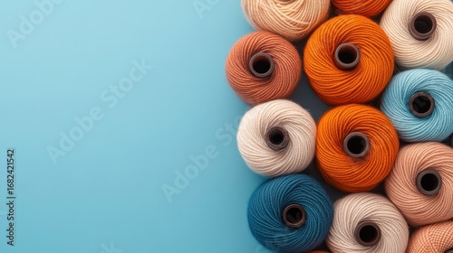 Colorful thread spools arranged in a pattern on a solid blue background suggesting creativity and craft.