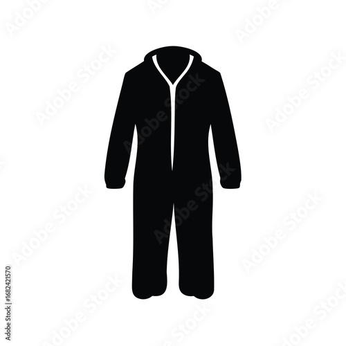 Full body hooded work suit in black silhouette over white background