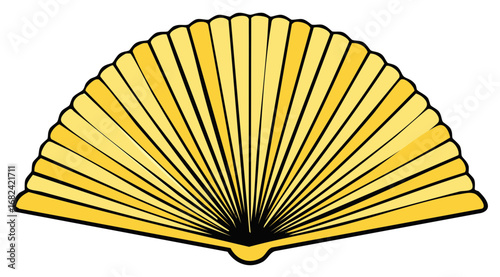 Stylized open yellow folding hand fan with black outlines and a scalloped edge