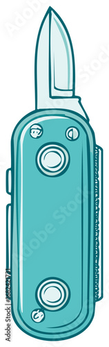 Vector illustration of a simple bright turquoise multi-tool pocket knife for outdoors