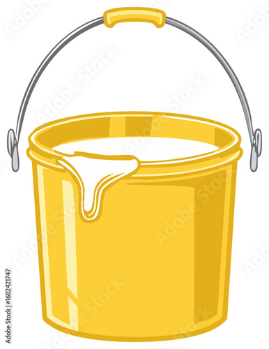 Yellow bucket full of white liquid paint with drips running down the exterior wall