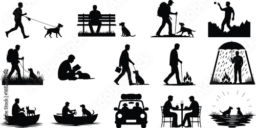 Silhouettes of people with dogs, walking, hiking, camping, fishing, playing, relaxing, outdoor adventure, travel, friendship, pet lifestyle vector