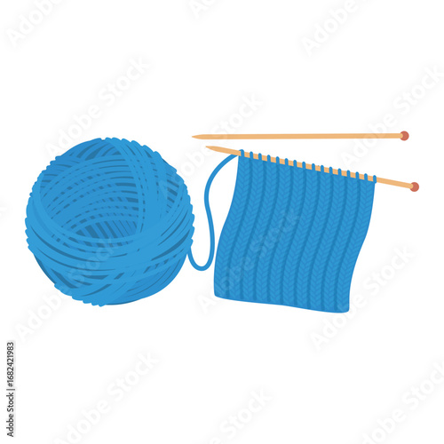 An illustration of a ball of bright blue yarn with knitting needles and a textured swatch of knitted fabric on a plain white background, highlighting the craftsmanship of knitting.