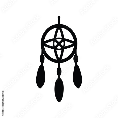 Black Silhouette of a Dreamcatcher with Geometric Designs and Dangling Feathers