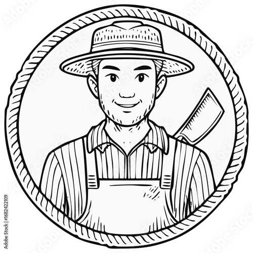 Butcher Illustration in Rope Circle Butcher Knife and Apron Man with Hat Smiling in Black and White
