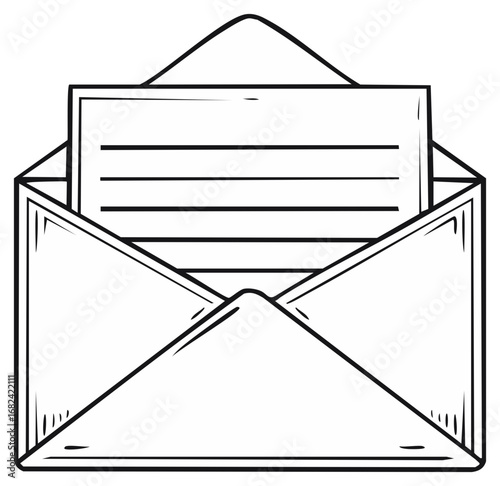 Hand drawn open envelope with lined paper inside, black and white illustration