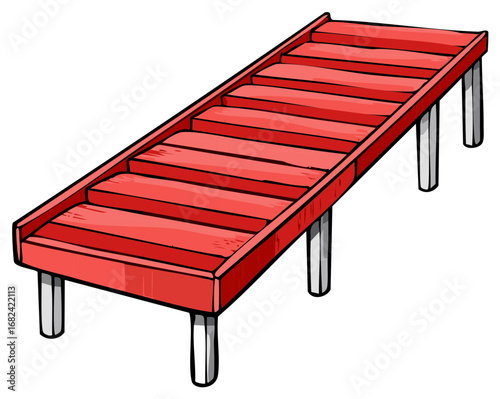 Bright Red Wooden Stairway on Stilts Isolated on White