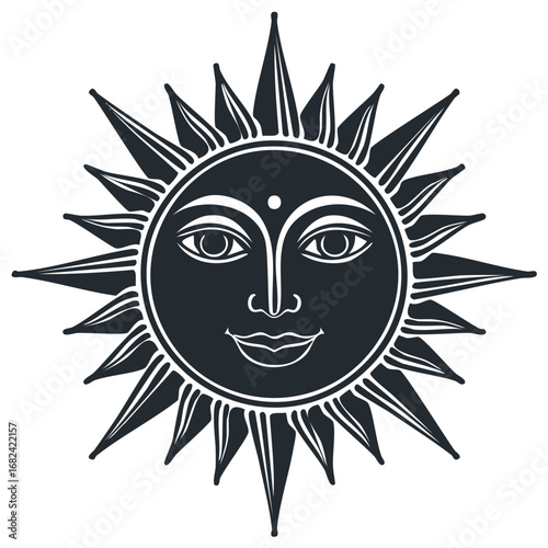 Mystical sun god with a human face in a folk art style. Black and white celestial illustration.