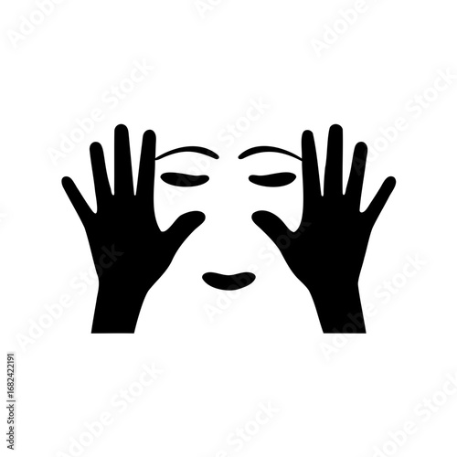 A symbolic minimalist rendition of a face obscured by two hands