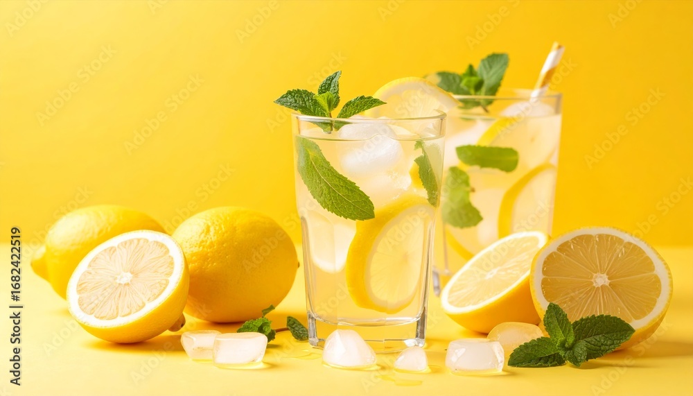 Fototapeta premium A cold glass of fresh lemonade, a mojito, or a lemon-lime cocktail with ice