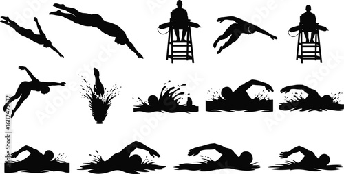 Swimming silhouette, diving action, freestyle stroke, lifeguard watch, water sport, competition training, swimmer splash, pool safety, aquatic exercise, athlete performance, fitness