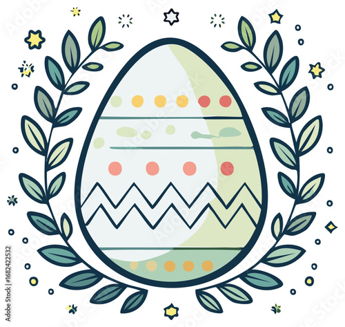 Hand drawn decorated Easter egg with chevron and dot patterns surrounded by a leafy wreath and stars