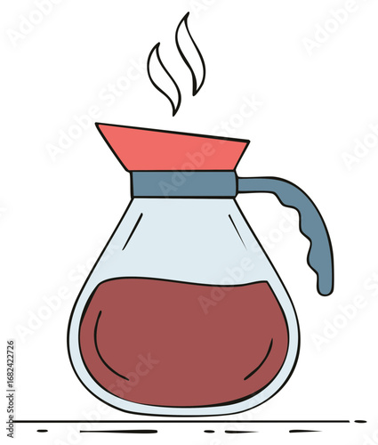 Cartoon illustration of a fresh pot of steaming hot coffee in a glass carafe