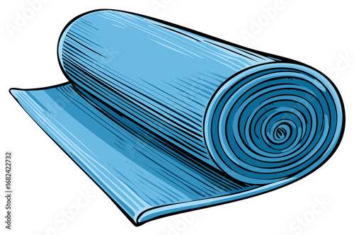 A rolled blue yoga or exercise mat in a vintage woodcut illustration style