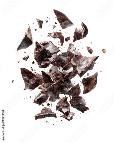 Dark chocolate shards exploding in a dramatic, abstract display.  Fragments of dark chocolate, varying in size and shape, are scattered outward, against a black background. 