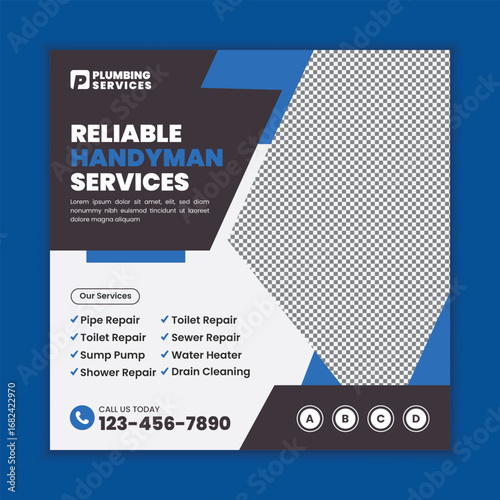 Professional Plumbing Services Square Flyer and Social Media Web Banner Template for Faucet Installation and Bathroom Maintenance