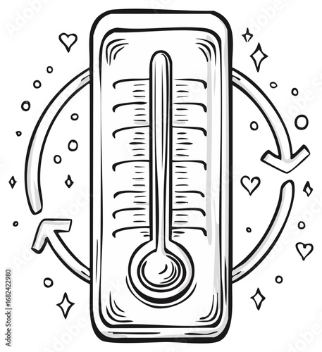 Hand drawn thermometer with circular arrows and decorative elements symbolizing temperature change