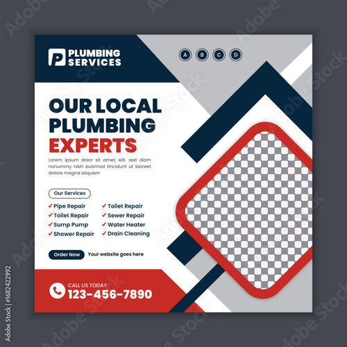Professional Plumbing Services Square Flyer and Social Media Web Banner Template for Faucet Installation and Bathroom Maintenance