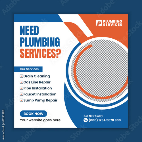 Professional Plumbing Services Square Flyer and Social Media Web Banner Template for Faucet Installation and Bathroom Maintenance