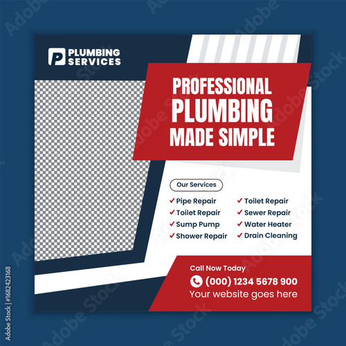Professional Plumbing Services Square Flyer and Social Media Web Banner Template for Faucet Installation and Bathroom Maintenance