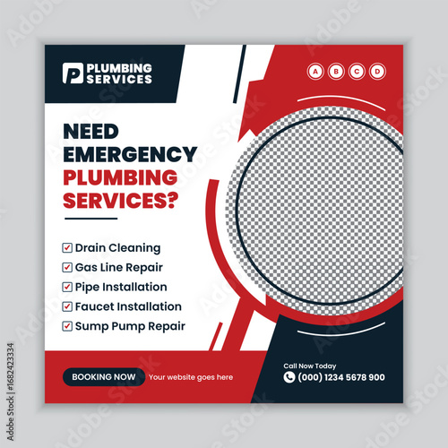 Professional Plumbing Services Square Flyer and Social Media Web Banner Template for Faucet Installation and Bathroom Maintenance