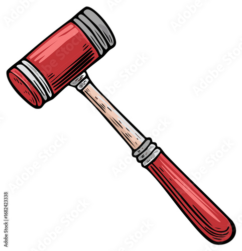 Illustration of a Red and Wood Mallet in Hand-Drawn Style