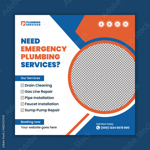 Professional Plumbing Services Square Flyer and Social Media Web Banner Template for Faucet Installation and Bathroom Maintenance