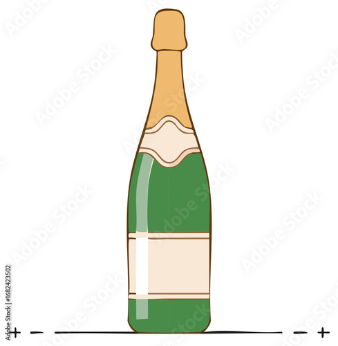 Whimsical Champagne Bottle Illustration: Green, Beige, and Gold Celebration Graphic