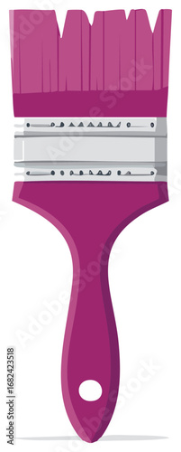 Illustration of a magenta paint brush with silver ferrule and a hole on the handle