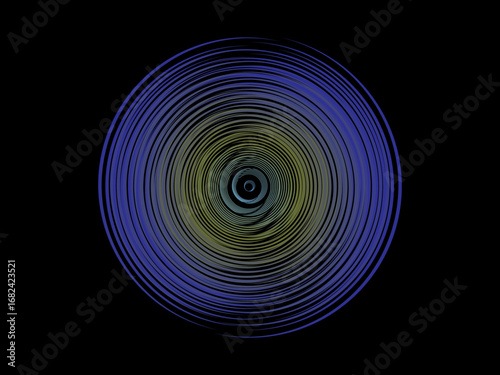 Vector background of rotating elliptical 3D shapes, consisting of a pattern of squares and wavy lines with colorful gradations.	