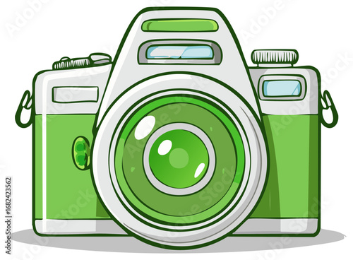 Cartoon green and white digital camera with a large lens and flash