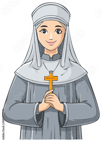Cartoon nun holding a cross with clasped hands and smiling