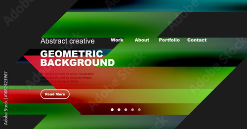 Modern website mockup features vibrant geometric shapes, text overlays, navigation menu. Design emphasizes bold colors, dynamic composition.