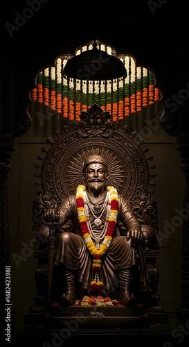 Majestic statue of warrior king Chhatrapati Shivaji Maharaj on a throne, adorned with flower garlands and lit lamp.