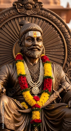 Bronze statue of Indian warrior king Chhatrapati Shivaji Maharaj adorned with flower garlands.