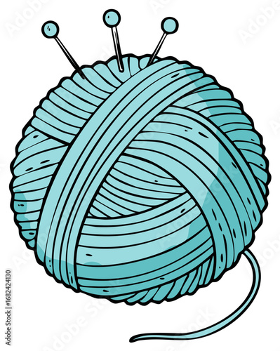 Turquoise Yarn Ball with Knitting Needles and Loose Thread