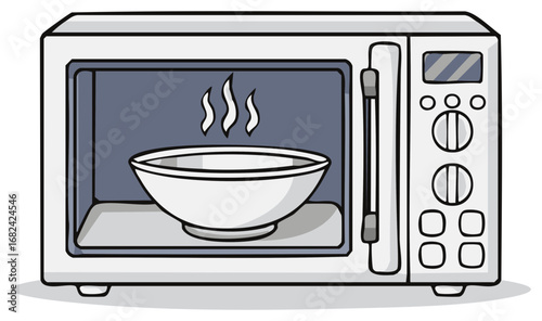 Cartoon illustration of a microwave oven heating a bowl of hot food