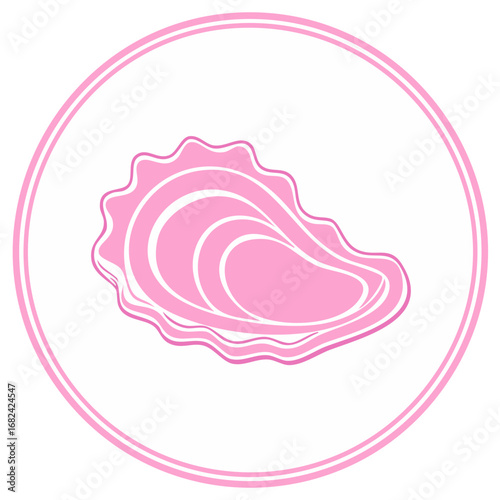 Stylized pink oyster illustration inside a double pink circle on a white background