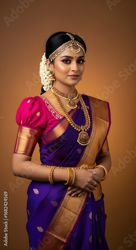 Elegant South Indian bride in a traditional purple and pink silk sari with gold jewelry.