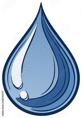 Cartoon image of a stylized, blue water droplet with highlights and reflections.