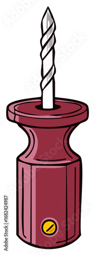 Red illustration of a simple hand drill tool with a silver helical bit