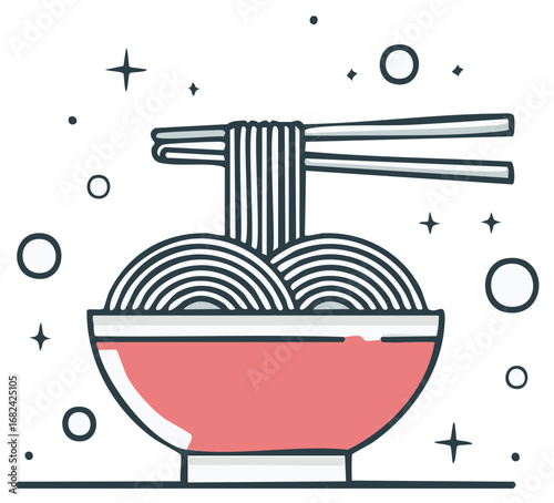 Outline Style Drawing of Delicious Asian Noodles in a Pink Bowl with Chopsticks