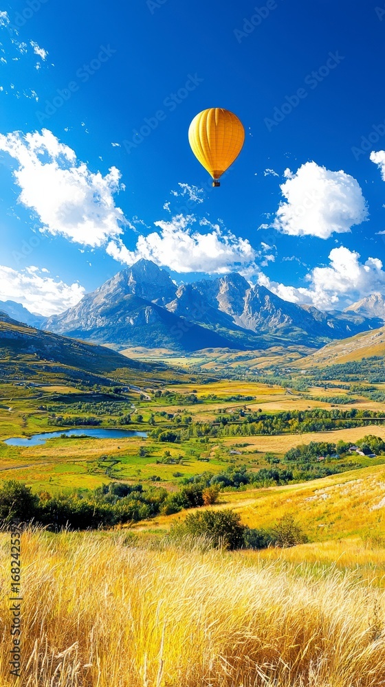 Fototapeta premium Hot Air Balloon Over Majestic Mountain Valley