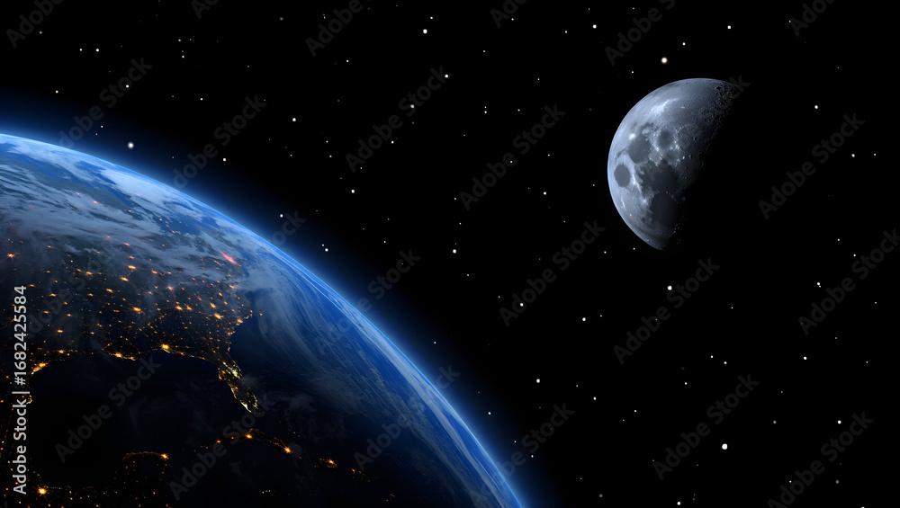 Naklejka premium Celestial Dance: A breathtaking view of Earth alongside the moon, stars twinkling in the deep canvas of space, a beautiful dance of celestial bodies.