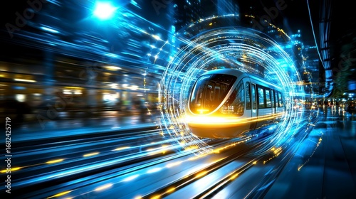Futuristic Light Rail Transit at Night.