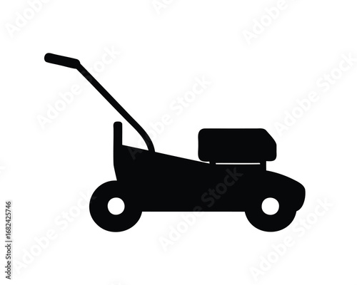 Simple black and white icon of a lawnmower for garden maintenance