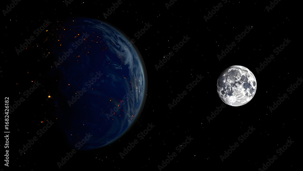 Fototapeta premium Earth and Moon Celestial Ballet: Witness the serene dance of Earth and Moon suspended against the deep expanse of space, a captivating display of cosmic wonder and interstellar peace.